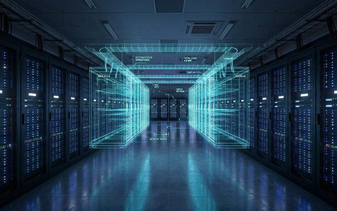 Futuristic data center with holographic digital twin overlays.