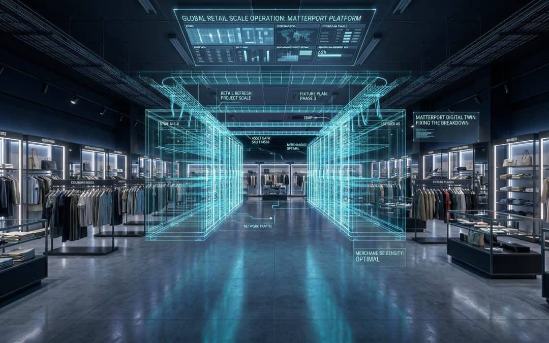 Futuristic retail store with digital twin holograms and modern clothing displays.