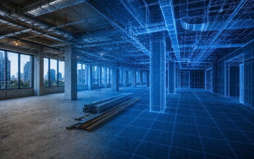 Construction site with digital 3D blueprint overlay of building structure.