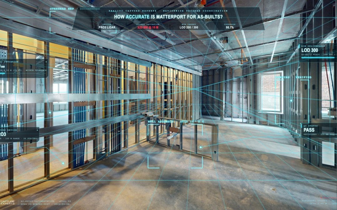 Interior of a modern building with digital overlay for Matterport scan accuracy.
