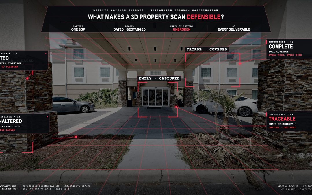 3D property scan with annotations for insurance claim analysis.
