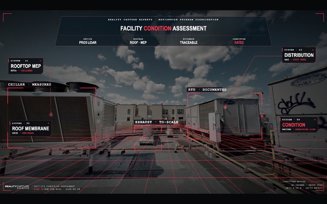 Rooftop with HVAC units and digital overlay for condition assessment.