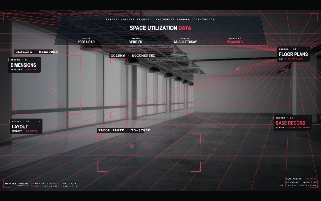 Interior room with digital overlay of space utilization data and floor plans.