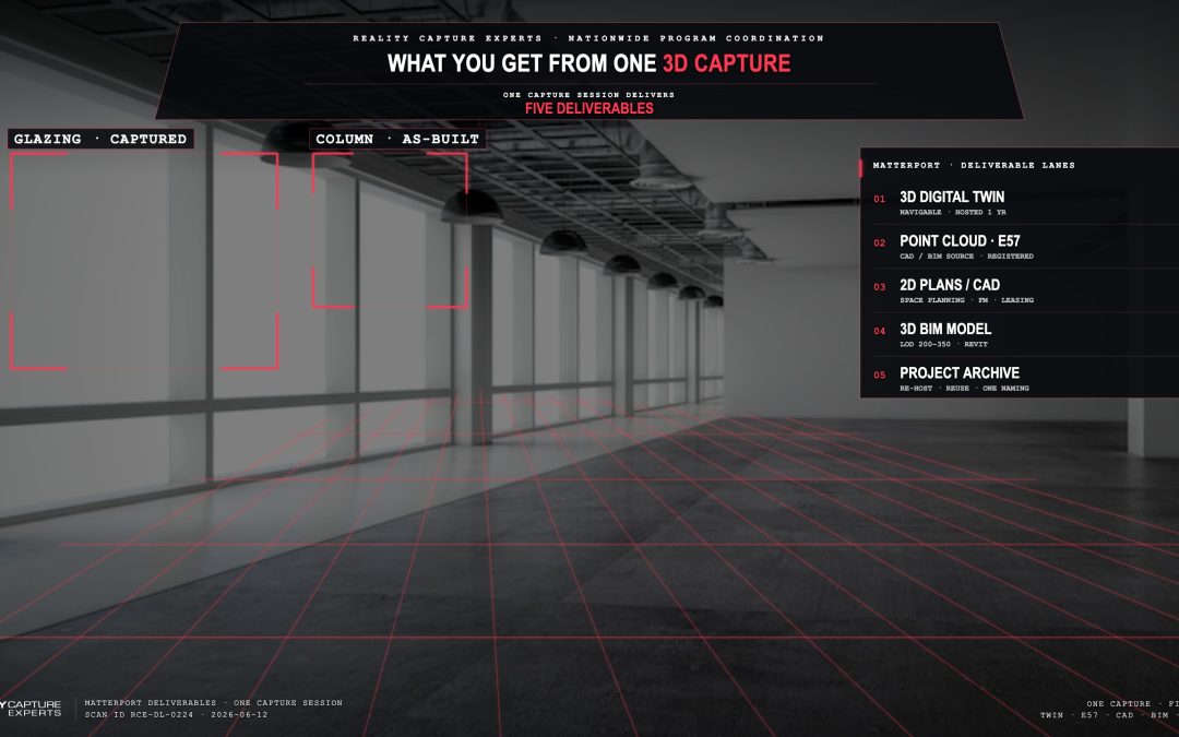 3D scan of an interior space with grid overlay and digital interface.