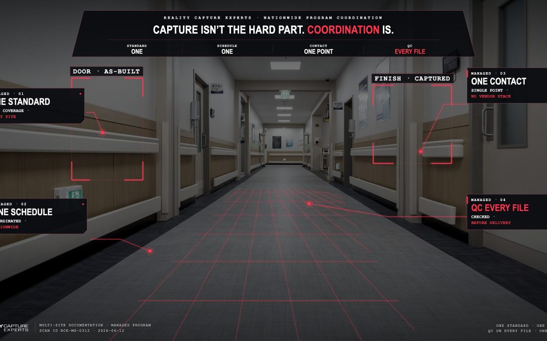 Hospital corridor with laser scanning and annotation overlays for 3D modeling.