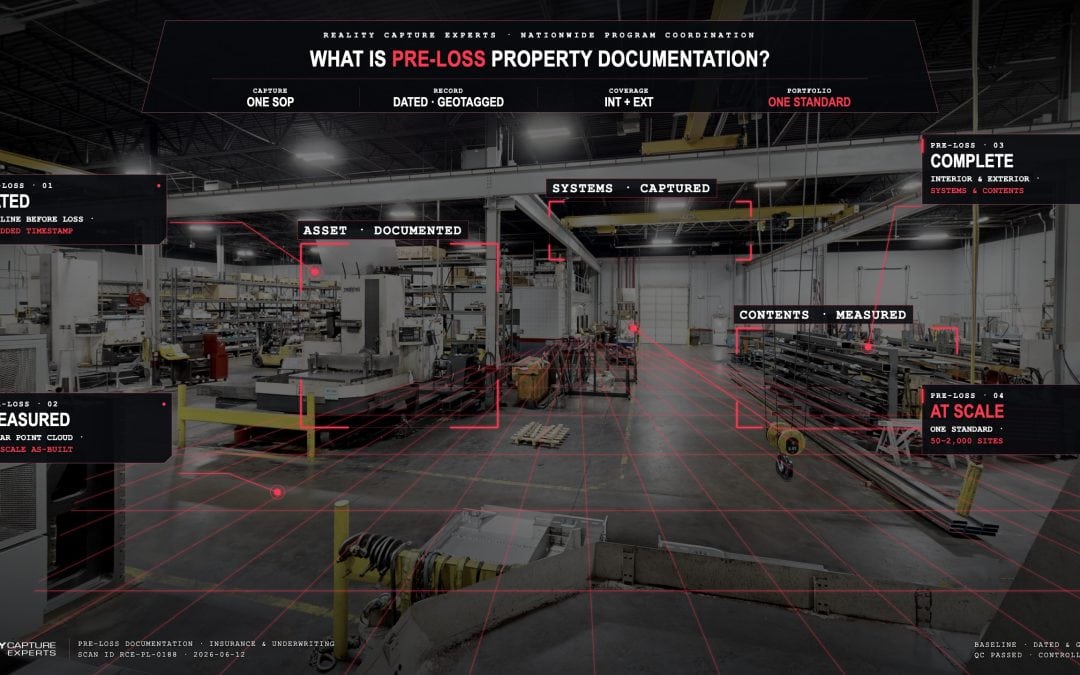 Factory interior with 3D scanning annotations and measurement tools.