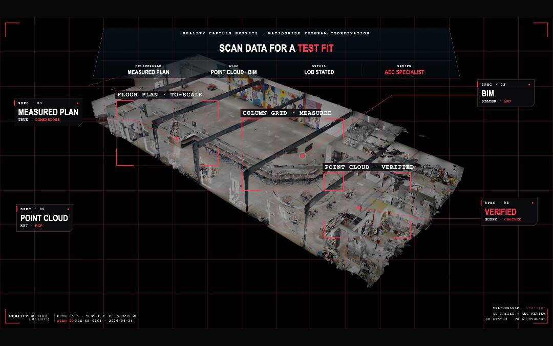 3D building scan with data points and labels for construction analysis.