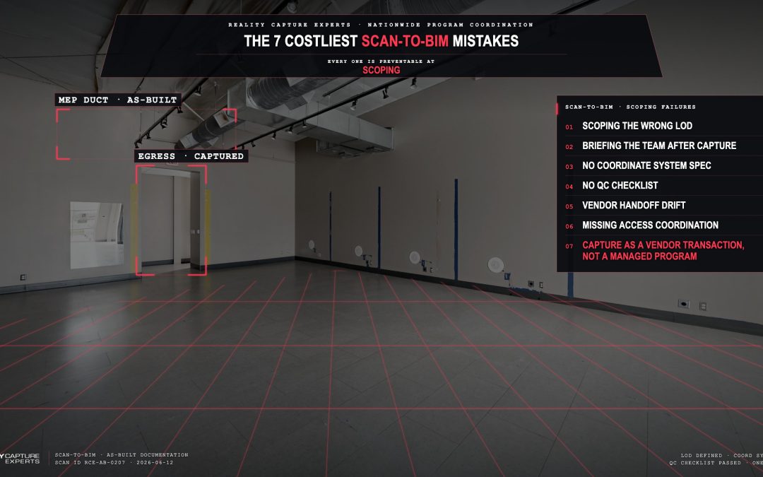 Indoor construction site with scan-to-BIM mistake annotations and red grid lines.