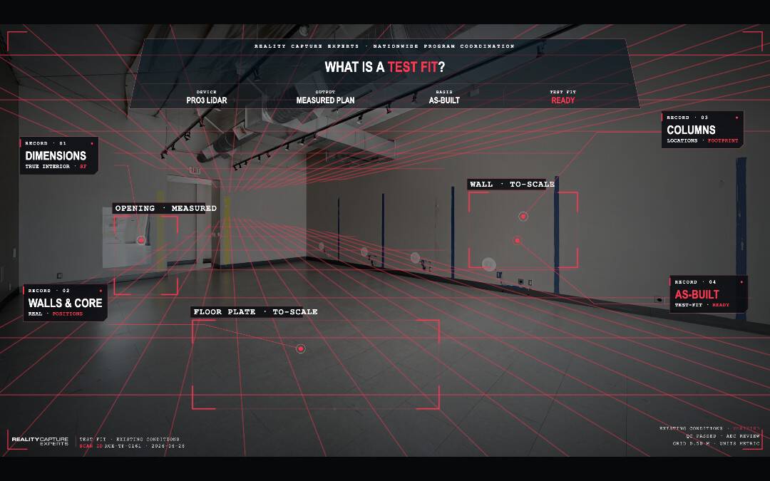 3D laser scan of interior space with measurement annotations and structural details.