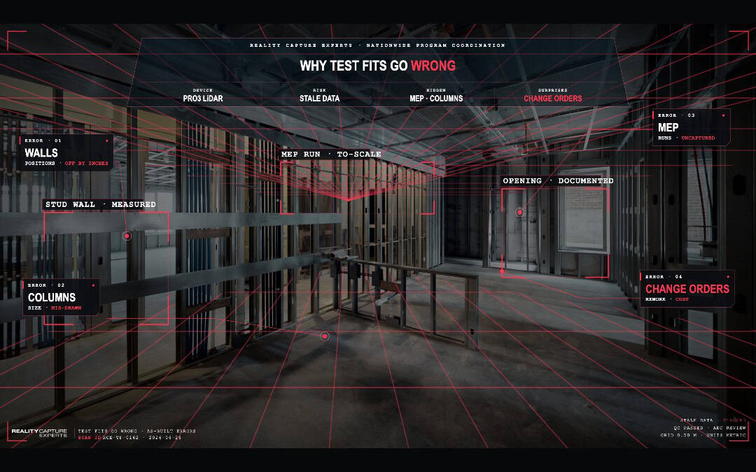 Construction site with digital measurement overlays and annotations.