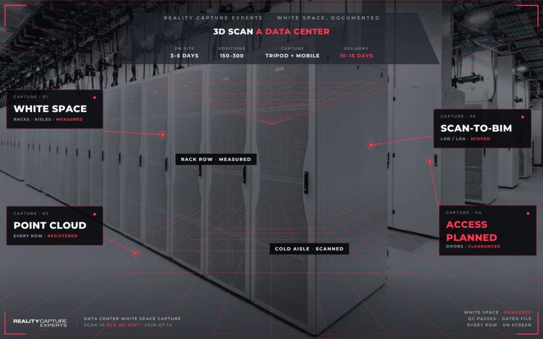 3D scan of data center with server racks and scanning equipment.