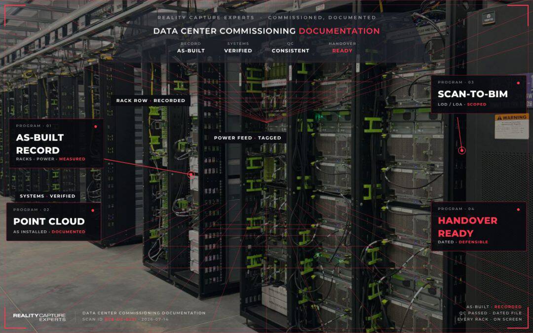 Data center server racks with monitoring and documentation labels.