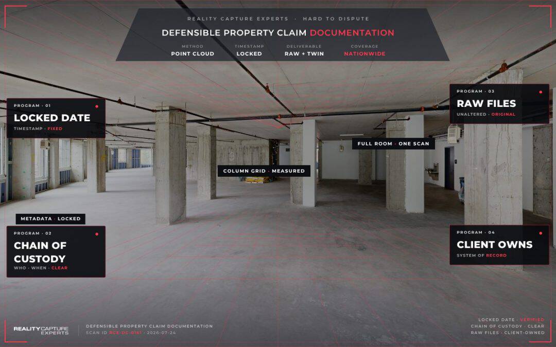 Interior of a building with annotations for property documentation and 3D scanning.