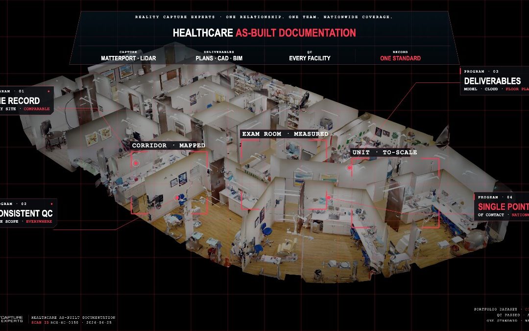 3D laser scan of a medical facility with labeled areas and documentation features.