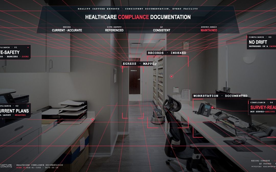 Office interior with digital overlay labels and scanning technology.