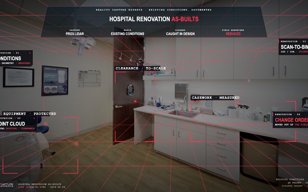 Interior of hospital renovation site with 3D scan annotations and measurements.