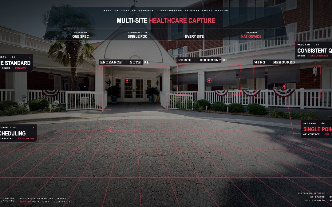 Healthcare building with multi-site 3D scanning grid overlay.