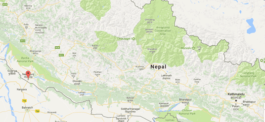 Map of Nepal, Nepalgunj (red pin) sits 516km west of Khatmandu