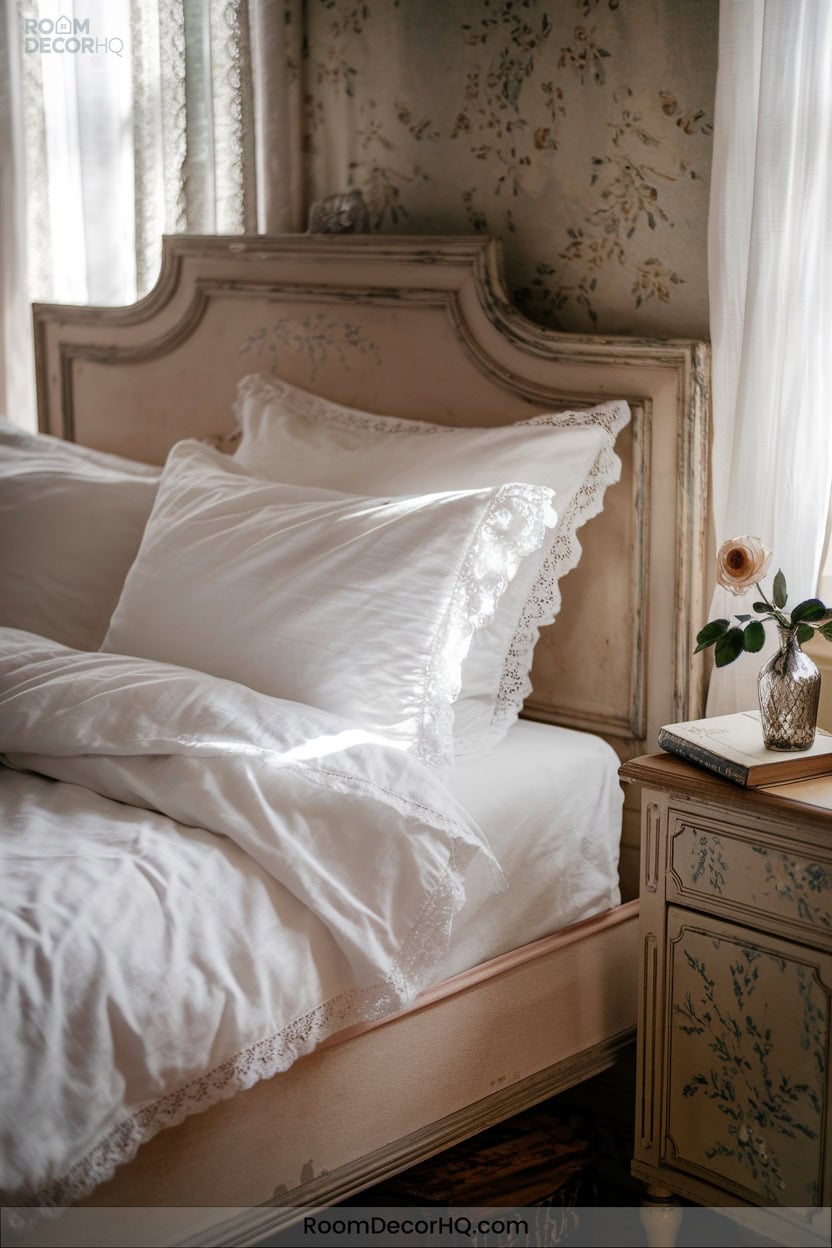 6 Add Crisp White Sheets And Lace Trimmed Pillowcases