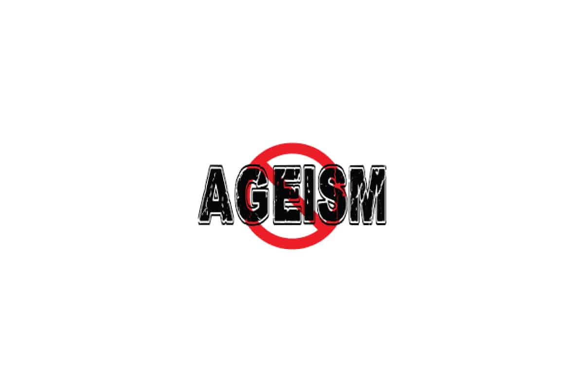 Ageism crossed out symbol with bold text.