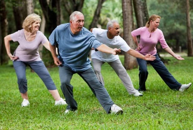 Senior adults doing yoga or stretching in a park.