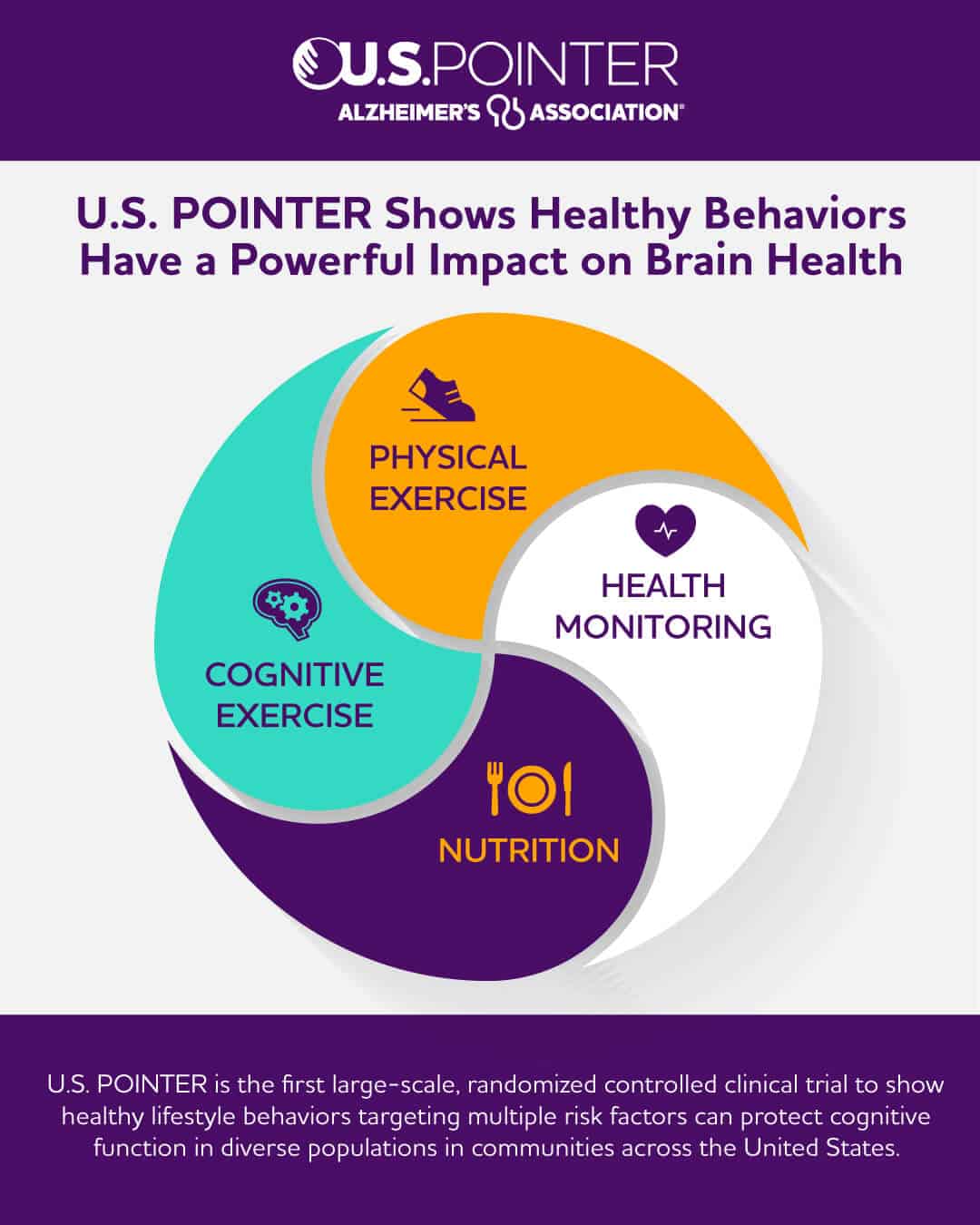 Diagram showing physical exercise, cognitive exercise, nutrition, and health monitoring for brain.