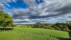 landscape from arbigny A vibrant green rural landscape with rolling fields, lush trees, and dramatic cloud-filled sky under bright daylight.