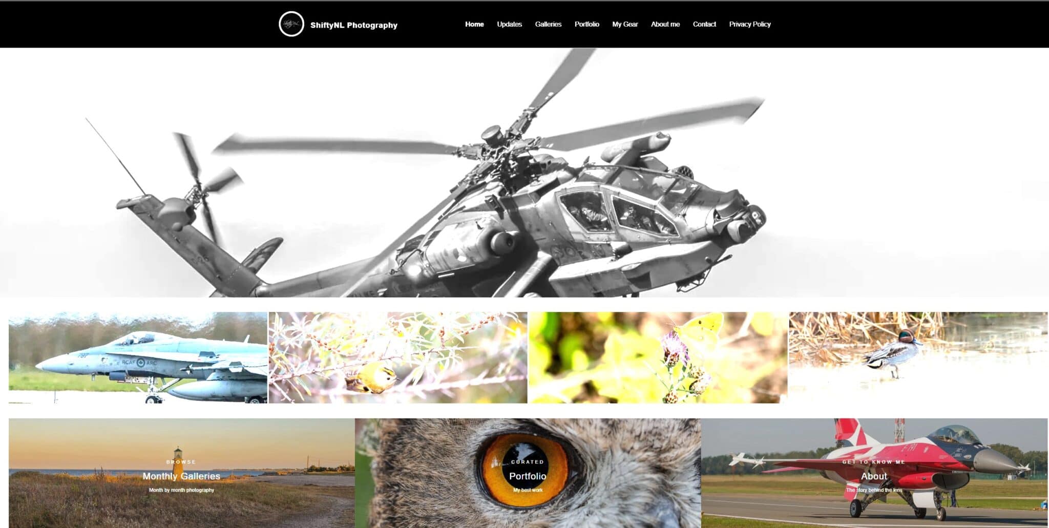New homepage of ShiftyNL Photography on the Astra theme, with a black-and-white Apache helicopter header, a row of recent photos and tiles for Monthly Galleries, Portfolio and About.