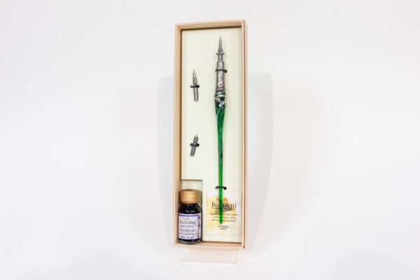 Juego de caligrafía con portaplumas en cristal de Murano y plata verde