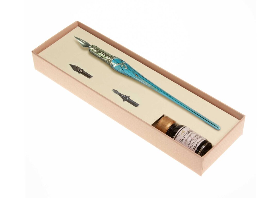 Set azul Juego de caligrafía con portaplumas en cristal de Murano y plata azul