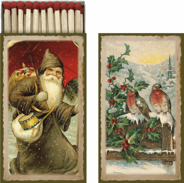 Cerillas Santa y pajaros Imagen de caja de cerillas con dibujo de Santa y pájaros