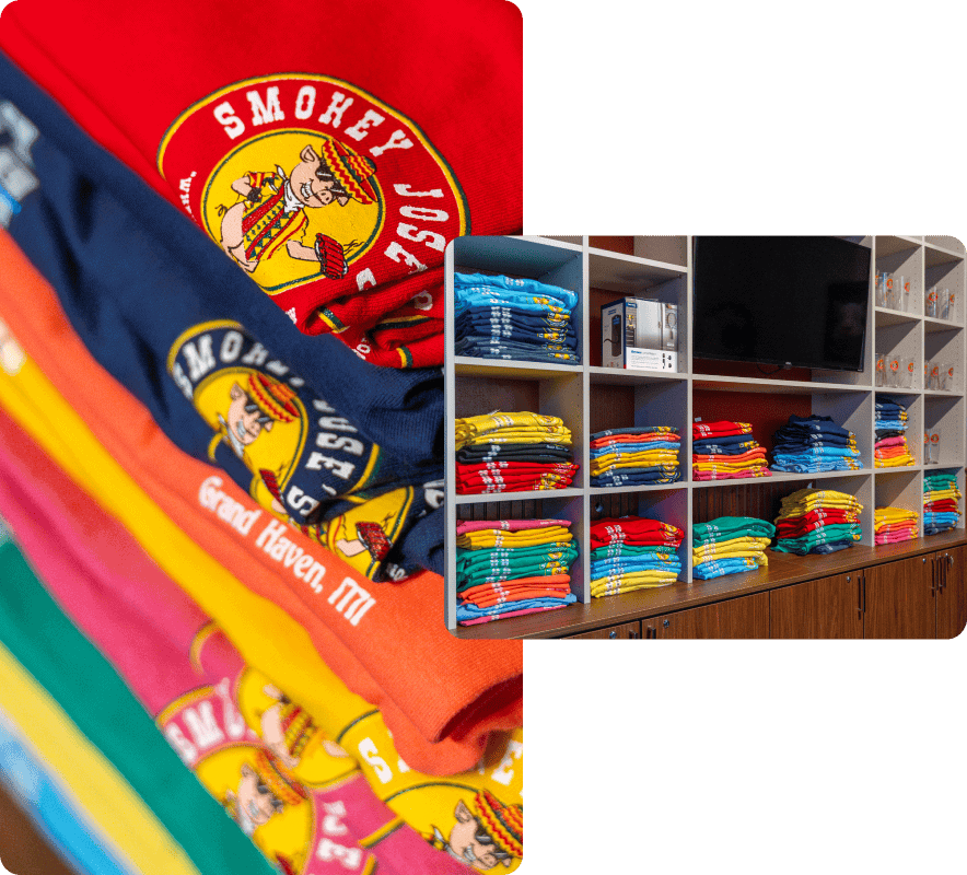 Smokey Jose's apparel and merchandise display showcasing colorful branded T-shirts and a retail shelf arrangement.