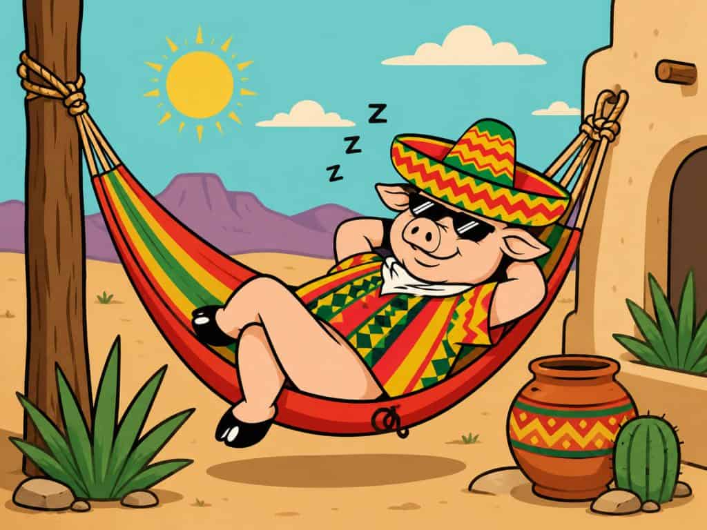 Cartoon pig relaxing in a hammock with sombrero and sunglasses.