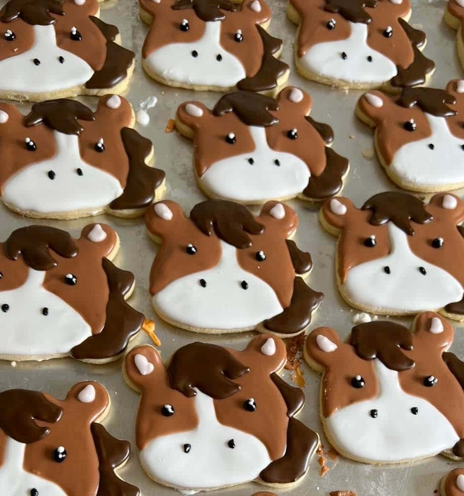 Decorative animal-shaped cookies with chocolate and white icing for bakery treats.