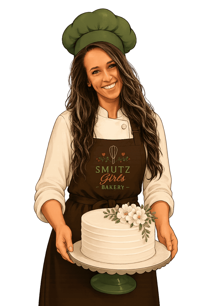 Smutz Girls Bakery owner holding a decorated cake with flowers.