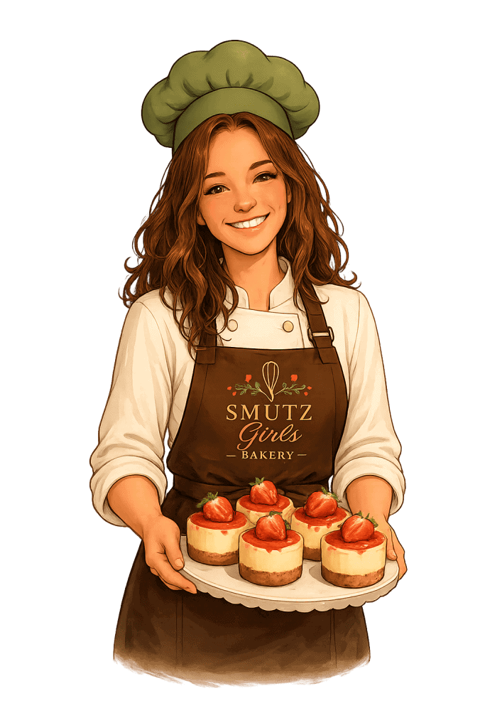 Young female baker holding a tray of strawberry-topped cheesecakes at Smutz Girls Bakery.