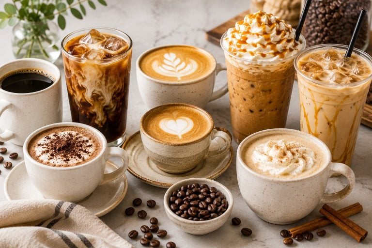 Assorted coffee drinks including lattes, cappuccinos, and iced coffee at Smutz Girls Bakery.