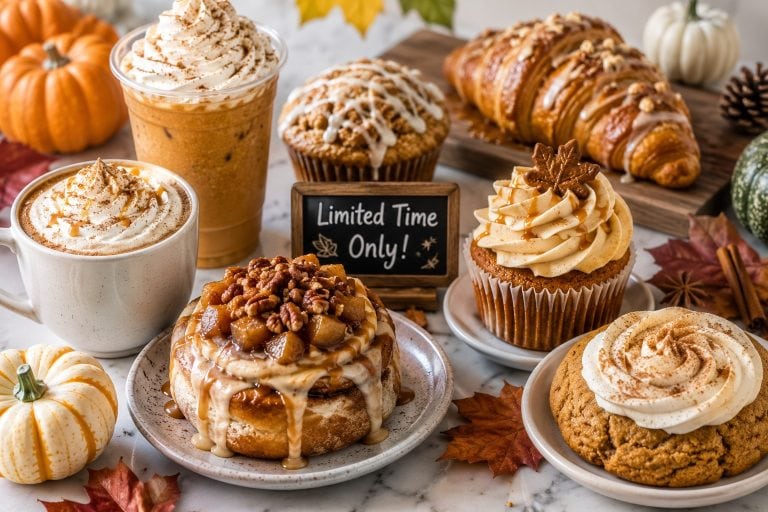 Assorted autumn pastries and drinks from Smutz Girls Bakery with pumpkins and fall leaves.