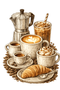 Assorted coffee drinks and pastries from Smutz Girls Bakery.