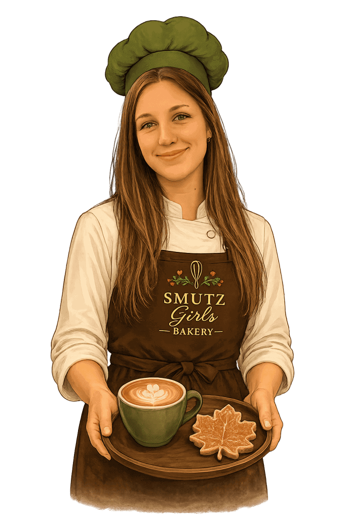 Young woman in bakery uniform holding coffee and cookie for Smutz Girls Bakery.