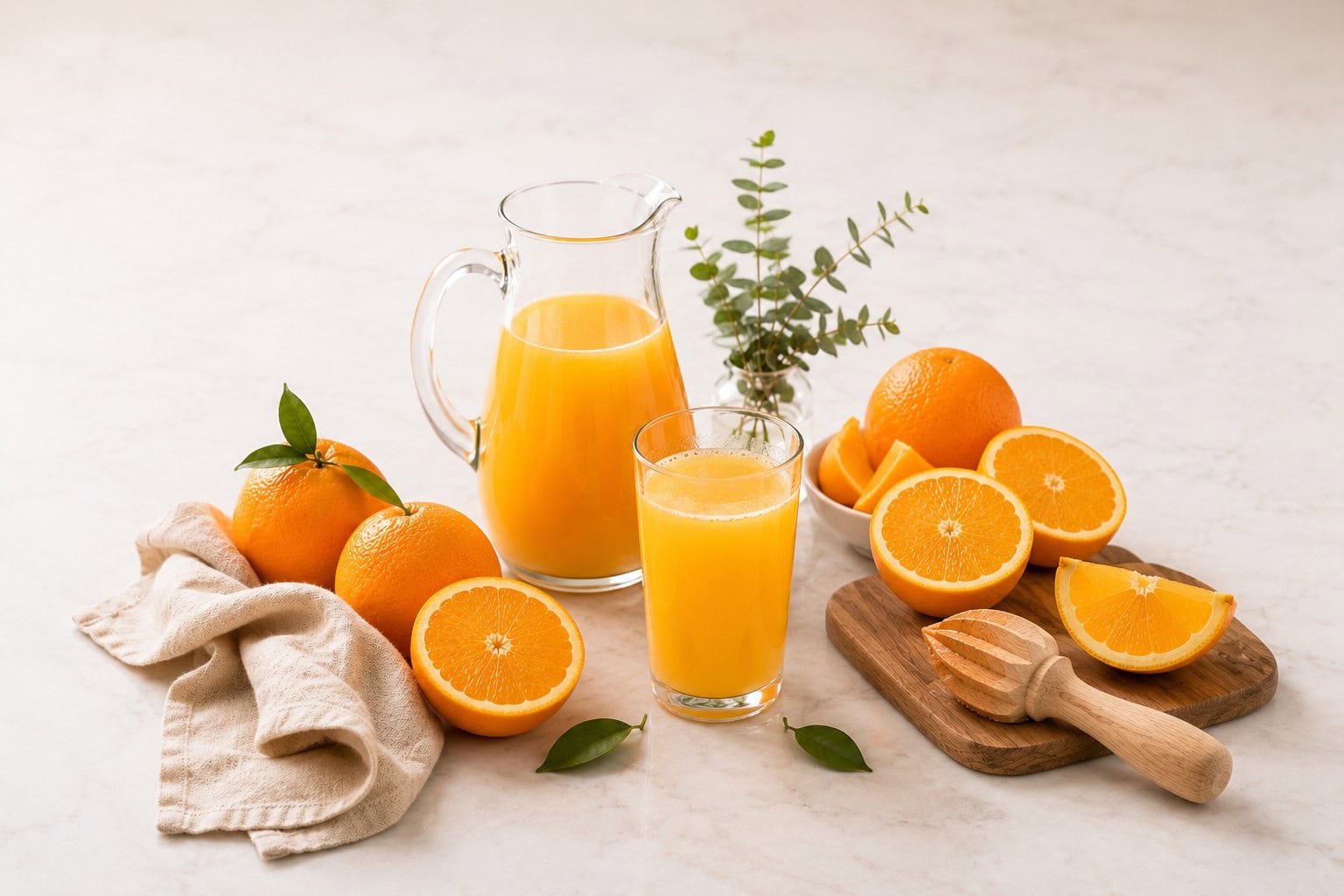 Glass and pitcher of fresh orange juice with oranges and greenery.