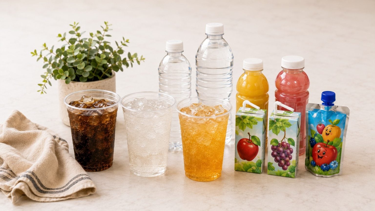 Assorted beverages including soda, juice, and bottled drinks at Smutz Girls Bakery.