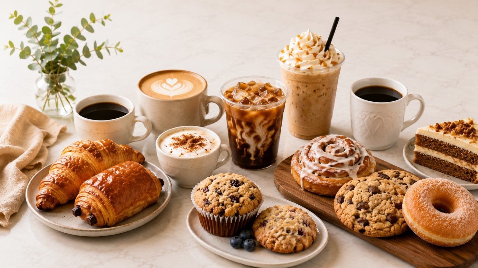 Assorted coffee drinks and baked goods at Smutz Girls Bakery.