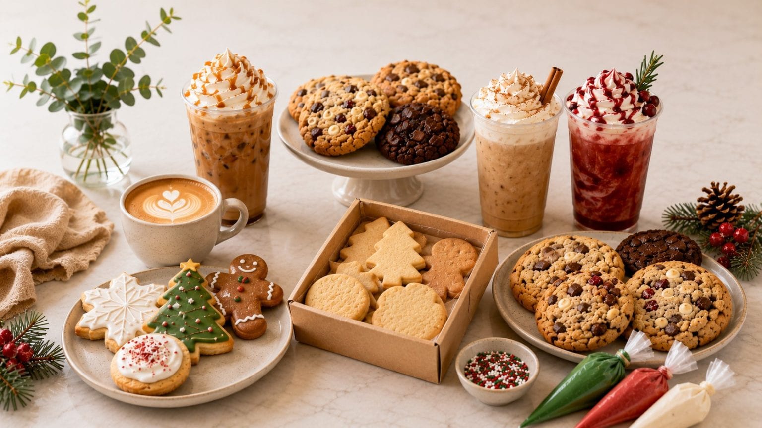 Assorted cookies, cookies, and beverages from Smutz Girls Bakery for seasonal occasions.