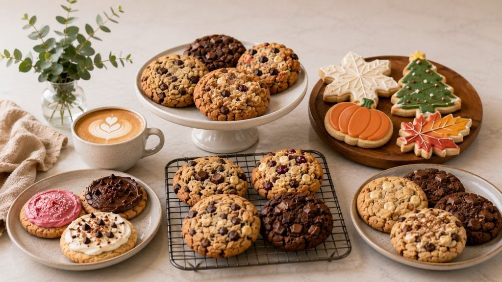 Assorted cookies and decorated cookies on plates and a cooling rack.