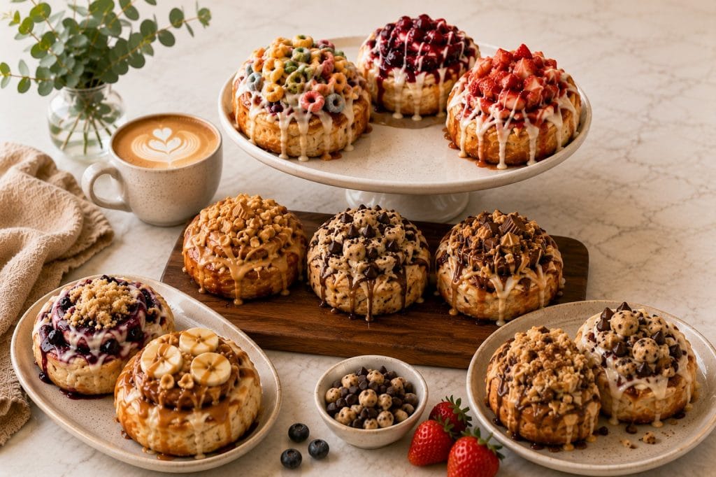 Assorted cookies from Smutz Girls Bakery on a marble table with coffee and berries.