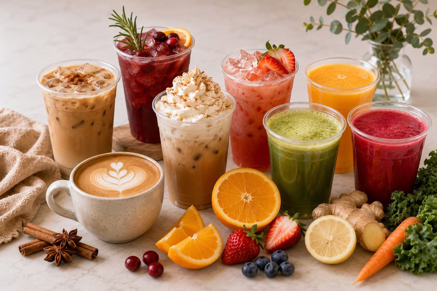 Colorful array of fresh fruit smoothies and juices from Smutz Girls Bakery.