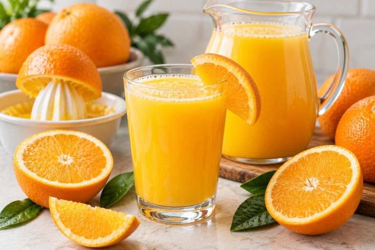 Glass of fresh orange juice with oranges around at Smutz Girls Bakery.