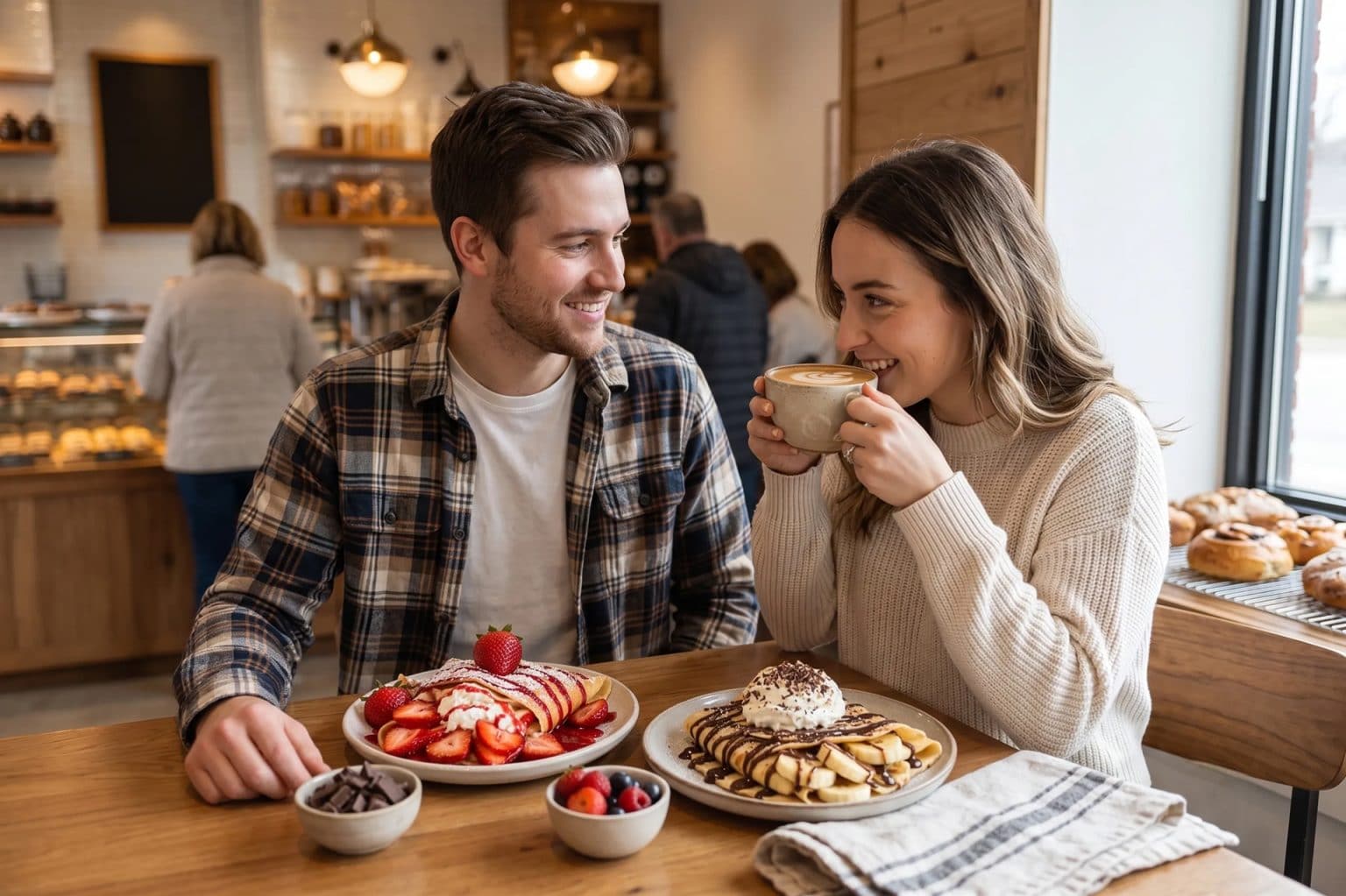 Young couple enjoying breakfast at Smutz Girls Bakery with pastries and coffee.