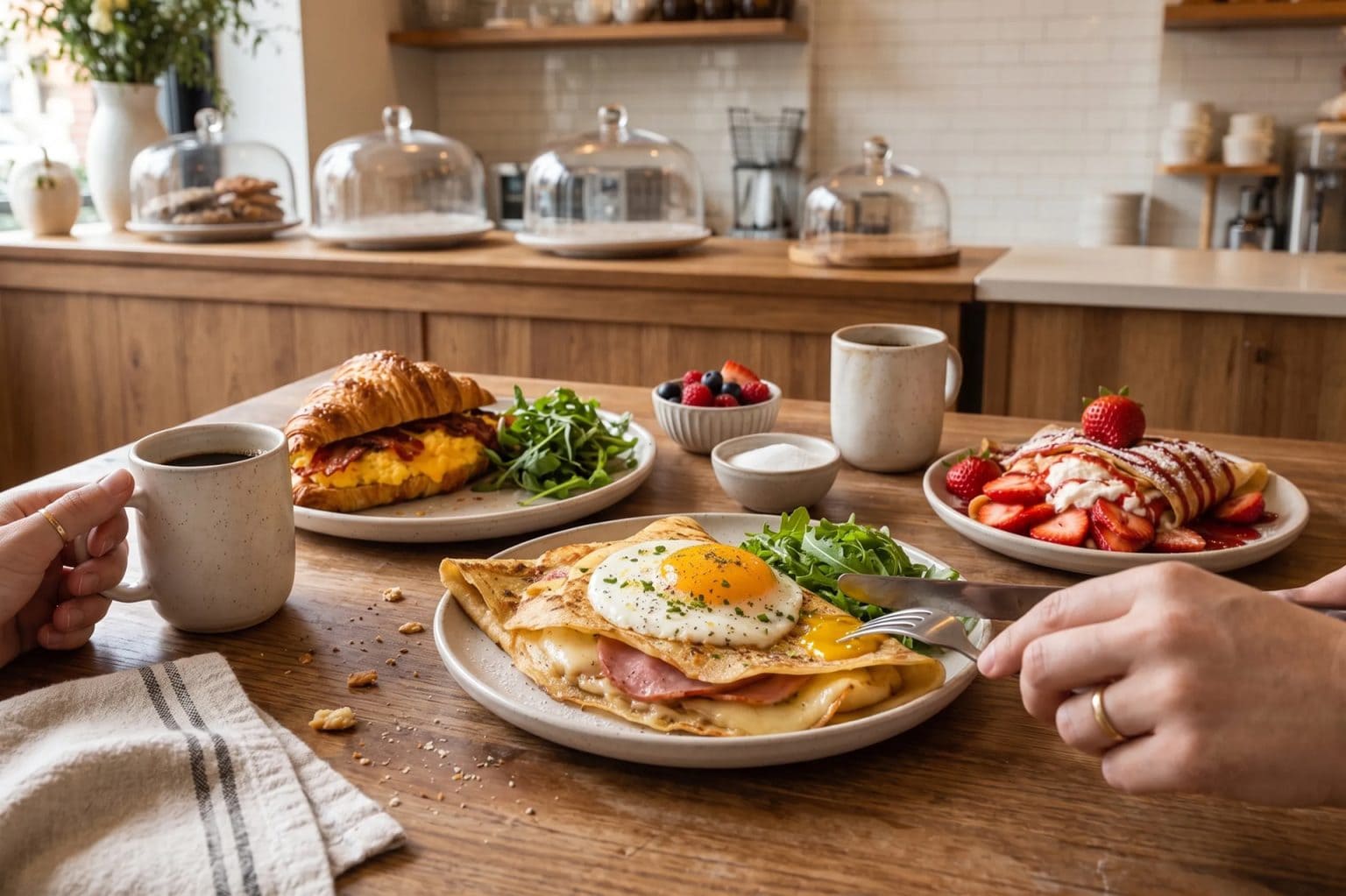 Delicious breakfast with croissants, crepes, and eggs at Smutz Girls Bakery.